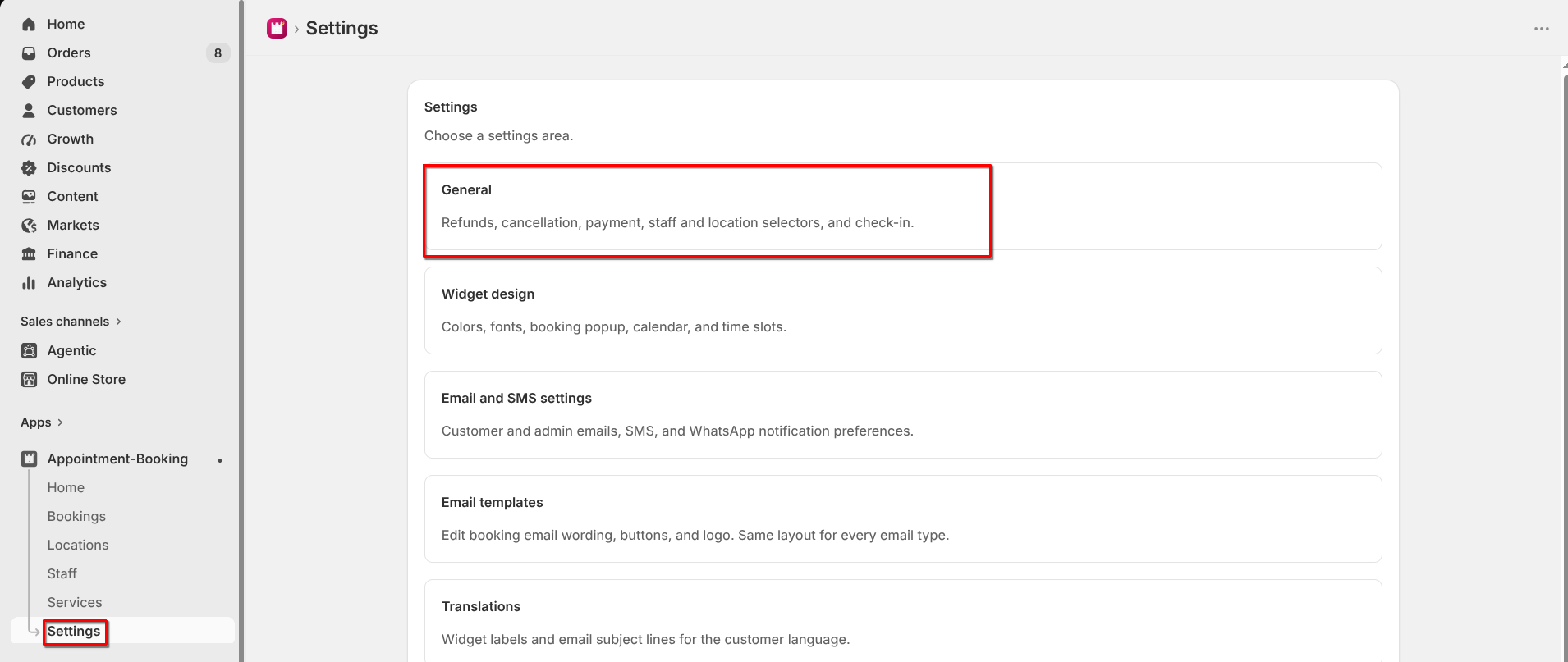 Settings page with the "General" tile highlighted, described as "Refunds, cancellation, payment, staff and location selectors, and check-in."